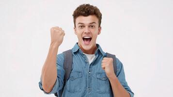 A young man is holding up his fist photo