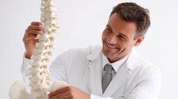 A man in a white coat is holding a model of the spine photo