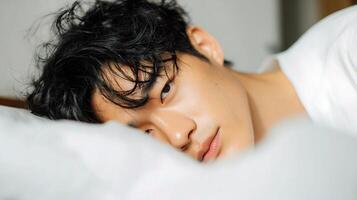 A young man laying in bed photo