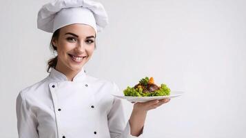 A woman in a chef hat holding a plate with a piece of meat photo