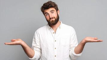 A man with a beard and white shirt is holding something photo