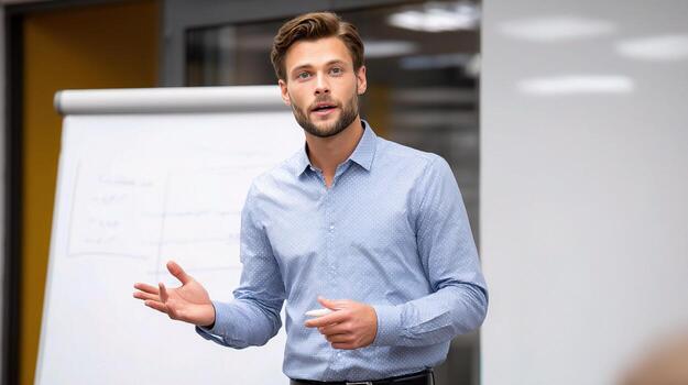 A man is giving a presentation in front of a whiteboard photo