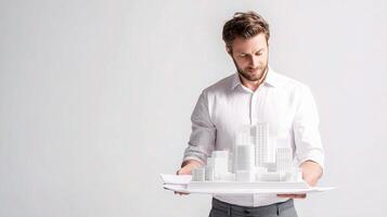 A man holding a paper with a model of a city photo