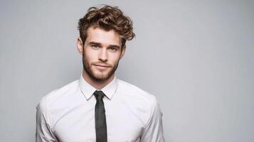 A man with curly hair wearing a white shirt and black tie photo