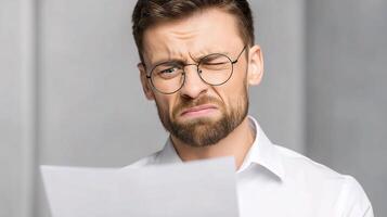 A man with glasses and a white shirt is looking at a piece of paper photo
