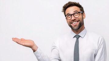 A man in glasses and a shirt is holding something photo