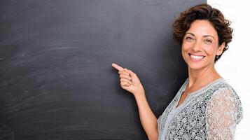 A woman is pointing at a chalkboard photo