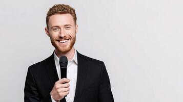 A man with a beard and red hair holding a microphone photo