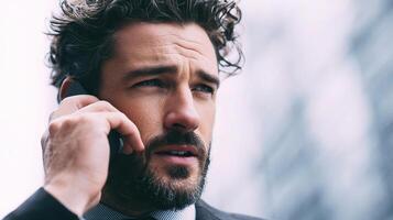A man in a suit and tie talking on a cell phone photo