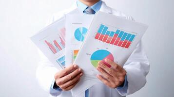 A man in a white coat holding a folder with graphs and charts photo