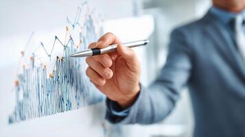 A man in a suit is drawing on a whiteboard with a pen photo