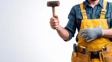 A man in overalls holding a hammer photo