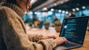 A woman is typing on a laptop computer photo