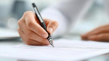 A person is writing on a piece of paper with a pen photo