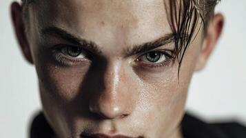 A close up of a young man with a wet hair photo