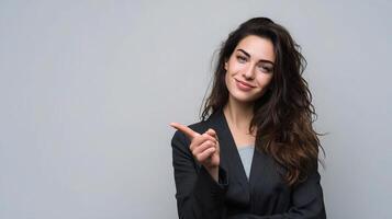 Portrait of a beautiful young woman pointing to the left isolated on gray background photo