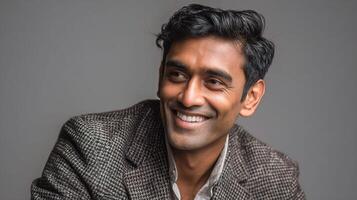 An indian man smiling and wearing a jacket photo