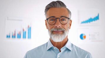 A man with glasses and a beard is standing in front of graphs photo