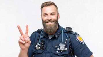 A bearded man in a police uniform is making a peace sign photo