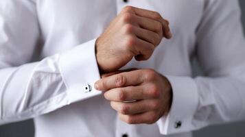 A man in a white shirt is adjusting his cuff photo