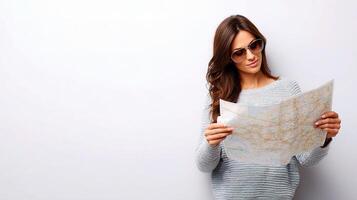 A woman in sunglasses holding a map photo