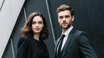 Two business people in suits standing next to each other photo