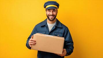 Portrait of a smiling delivery man holding a box isolated on yellow background photo