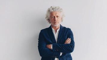 A man with white hair and a suit standing in front of a white wall photo