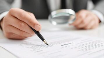A man in a suit is writing a resume with a pen and magnifying glass photo