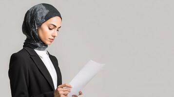 A woman in a hijab holding a piece of paper photo