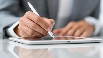 A person in a suit writing on a tablet photo