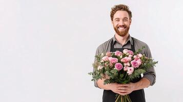 A man holding a bouquet of pink roses photo