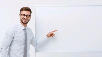 A man in glasses pointing at a whiteboard photo