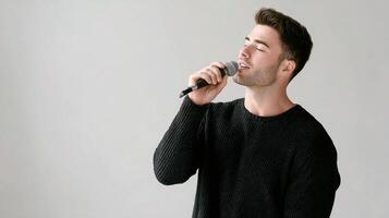 A man is singing into a microphone photo