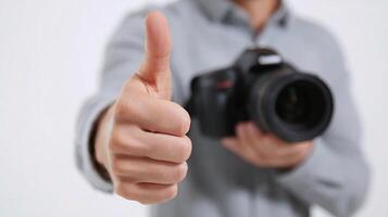 A man holding a camera and giving the thumbs up photo