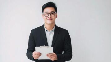 Asian man in suit holding clipboard and looking at camera photo