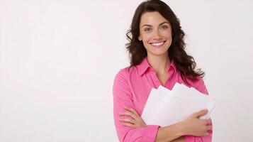 A woman in pink shirt holding papers photo