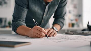 A man is writing on a piece of paper while sitting at a desk photo