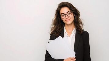 A young woman in glasses holding a folder photo