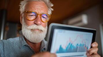 An older man with glasses and a beard is looking at a tablet computer screen photo