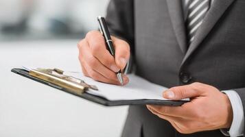 A man in a suit is writing on a clipboard photo