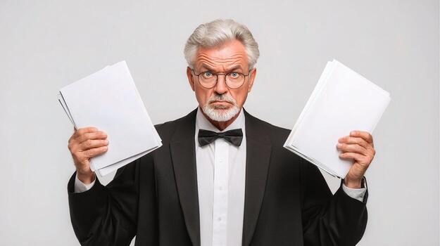An old man in a tuxedo holding two papers photo