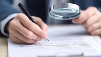 Businessman writing a contract with a magnifying glass photo