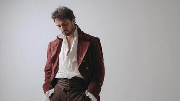 A man in a red coat and white shirt photo