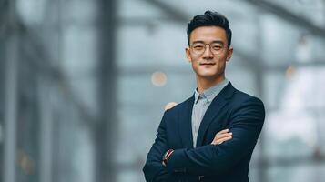 Asian businessman with glasses standing in front of a building photo