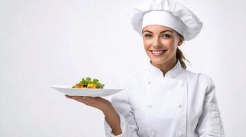 A woman in a chef's uniform holding a plate with food photo
