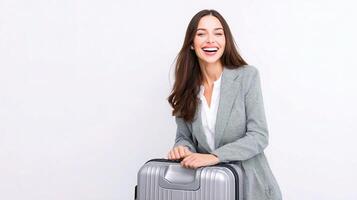 A woman in a suit holding a suitcase photo