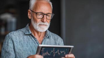 An older man with glasses and a beard looking at a tablet computer photo