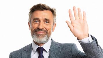 A man with a beard and suit is waving his hand photo