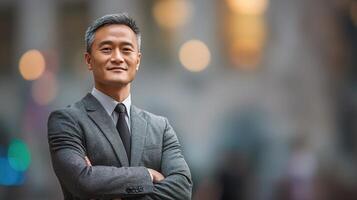 Asian businessman with arms crossed standing in front of a city photo